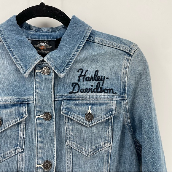 Harley Davidson Women’s Jean Jacket Blue Denim Winged Logo Patch M - Picture 3 of 9